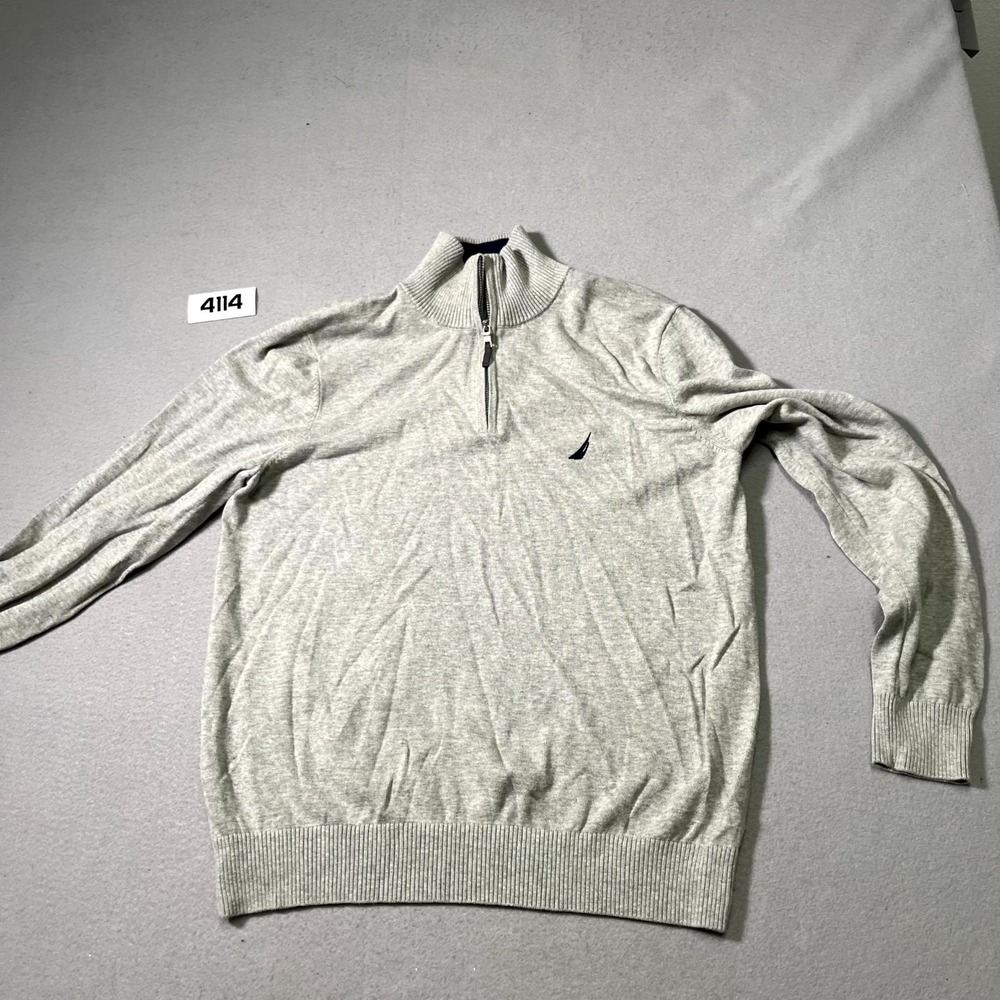 Nautica Sweater Mens Medium Gray Tight Knit Ribbed Trim Mock Neck Quarter Zip